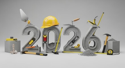 Construction Theme for the Year 2026 - A creative construction theme showcasing concrete numbers 2026 with tools. Symbolizes building, progress, precision, safety, and durability
