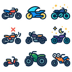 Colorful motorcycle icons set with various designs and styles
