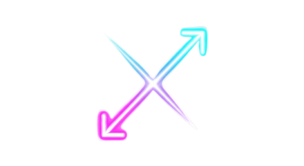 Abstract glowing neon x symbol formed by two intersecting arrows isolated on transparent background