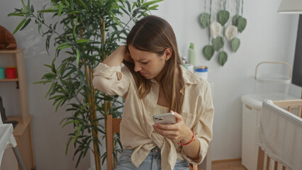 Woman pinches nose while holding phone and scrolling, seated amid crib and houseplant in nursery building; disgust odor problem.