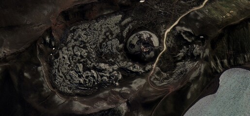 Volcanic Crater Aerial View Iceland Lava Field Lake Road