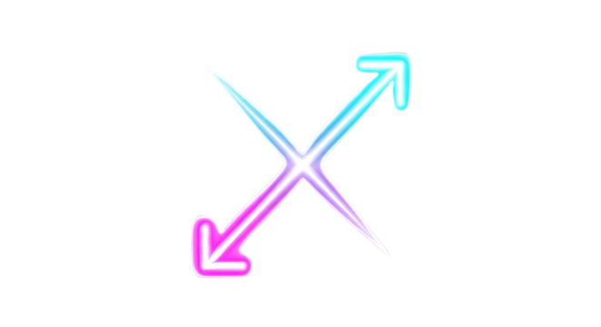 Abstract glowing neon x symbol formed by two intersecting arrows isolated on transparent background