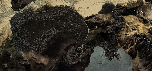 Black Lava Field Aerial View Glacial Sand Lake Topography