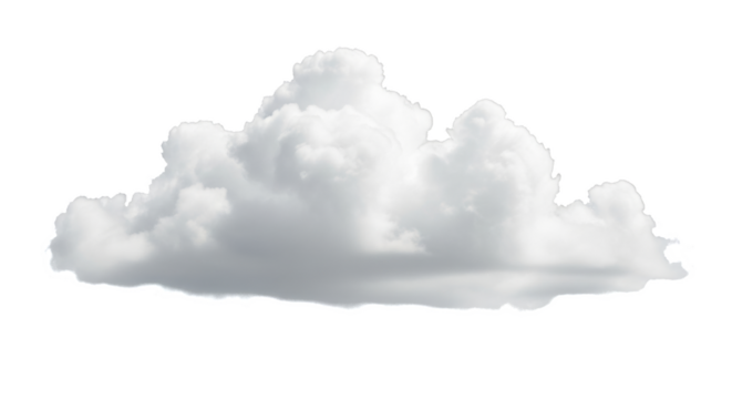 A fluffy white cumulus cloud with distinct shapes and textures isolated on transparent background