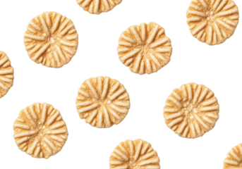 Individual light brown quinoa flakes, irregular and textured, scattered on a transparent background with copy space, top-down view, macro lens effect. Concept of wholesome breakfast ingredients