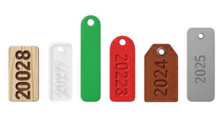 Collection of numbered tags from 20028 to 2025, each with a different material and color