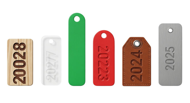 Collection of numbered tags from 20028 to 2025, each with a different material and color