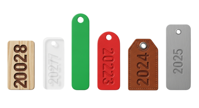 Collection of numbered tags from 20028 to 2025, each with a different material and color