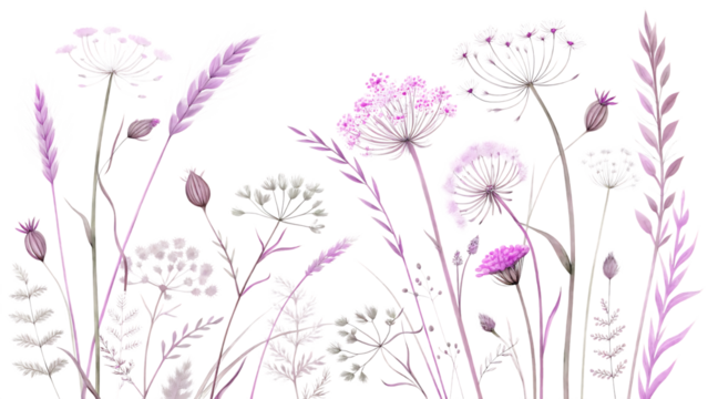 Delicate watercolor illustrations of wild meadow grasses and flowers in soft pastel hues isolated on transparent background