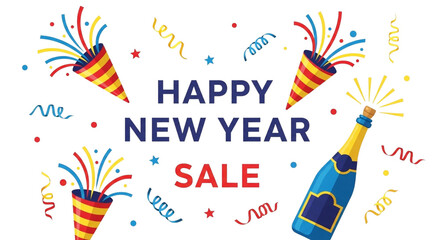 Happy new year sale banner with confetti, party poppers, and champagne bottle