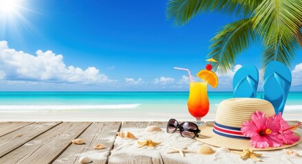 Obraz premium A tropical beach scene with a refreshing cocktail, straw hat, sunglasses, and flipflops on a wooden table, perfect for vacation and summer