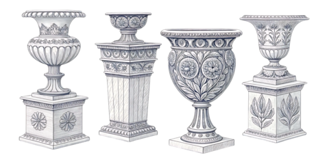 Collection of four ornate classical white stone urns and pedestals with intricate carvings isolated on transparent background