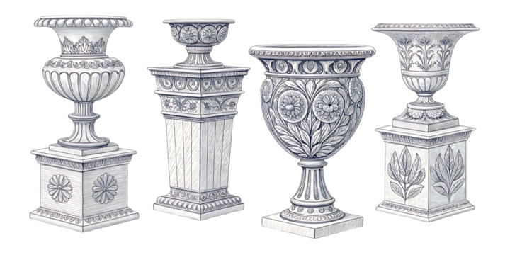 Collection of four ornate classical white stone urns and pedestals with intricate carvings isolated on transparent background