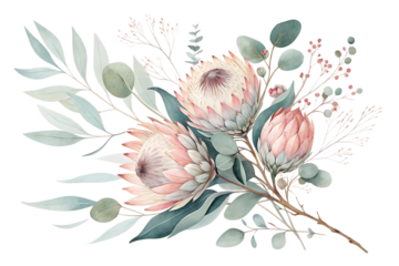 Delicate watercolor illustration of a protea flower bouquet with eucalyptus leaves and dried floral accents isolated on transparent background