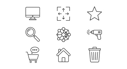 A collection of nine simple line art icons representing various concepts like technology, search, and home