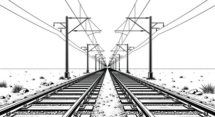 Silhouette electrified railway tracks with utility poles, overhead wires, gravel ground, desert vegetation