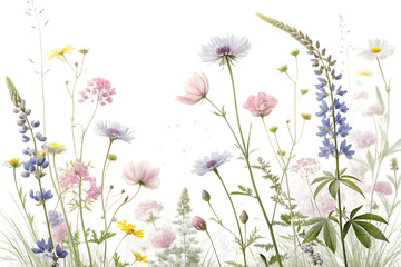 Delicate watercolor painting of a variety of wildflowers and grasses in soft pastel colors isolated on transparent background