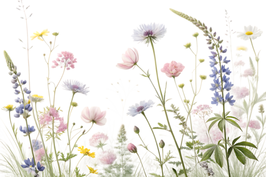 Delicate watercolor painting of a variety of wildflowers and grasses in soft pastel colors isolated on transparent background