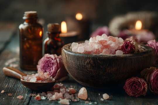 Concept of spa treatment with roses. Dry flowers in a bowl, crystals of sea pink salt in bottle, candles as decor. Atmosphere of relax, anti-stress and detox prosedure. Luxury lifestyle.