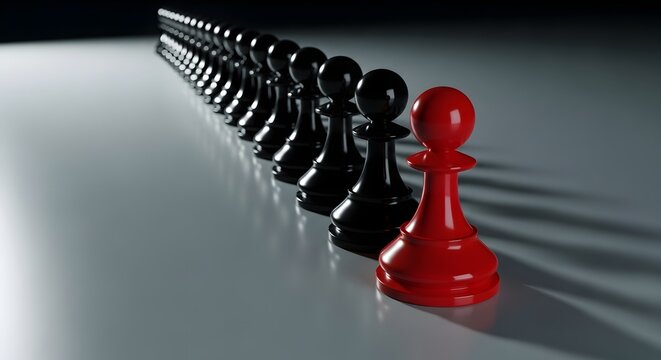Single red chess pawn stands out from a line of black pawns symbolizing individuality and leadership