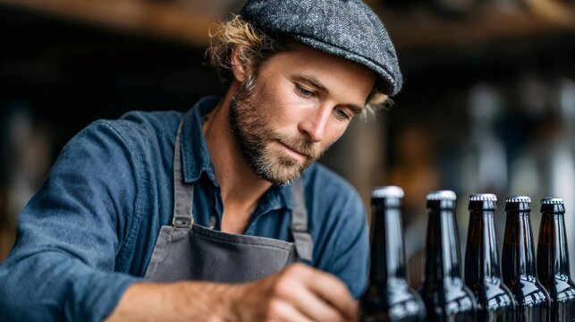 Brewer inspecting craft beer bottles in small business