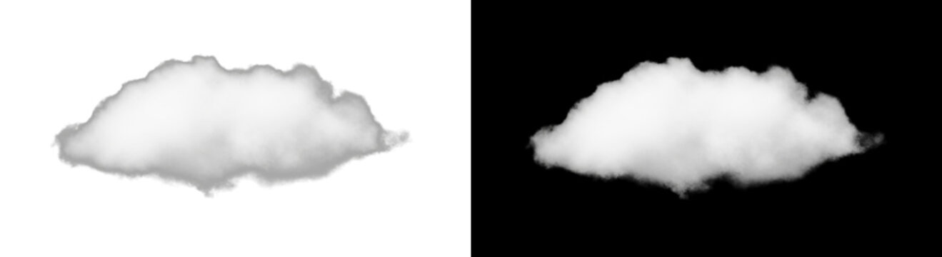 Realistic single white cumulus cloud isolated on a split black and white background, a versatile cutout element for graphic design and atmospheric concepts