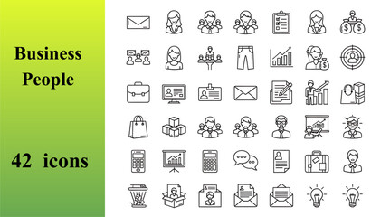 Comprehensive collection of business people line icons illustrating teamwork communication strategy and innovation