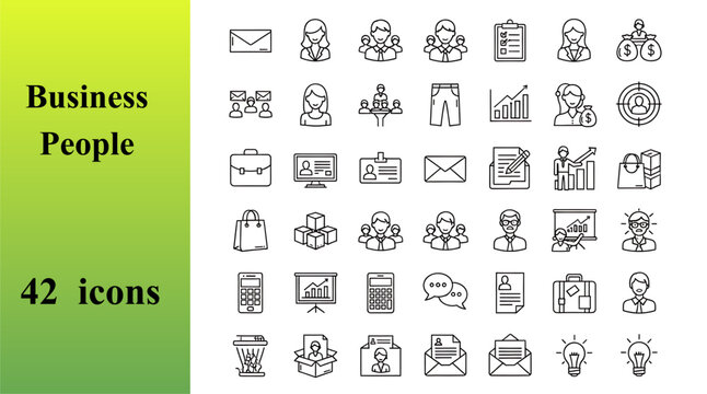 Comprehensive collection of business people line icons illustrating teamwork communication strategy and innovation - Powered by Adobe