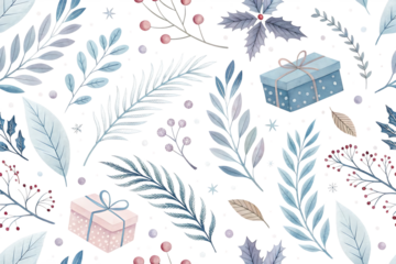 Whimsical winter watercolor pattern featuring delicate frosty leaves berries and gift boxes isolated on transparent background