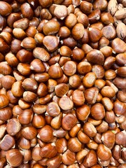 Close-up of chestnuts, showing glossy brown shells, smooth texture, and natural details, highlighting their rich color and autumnal appeal