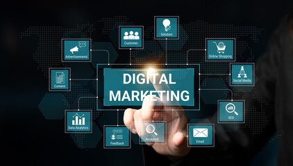 Digital marketing dashboard connecting data analytics, social media, SEO, and content strategy to improve business growth and customer engagement. Parse