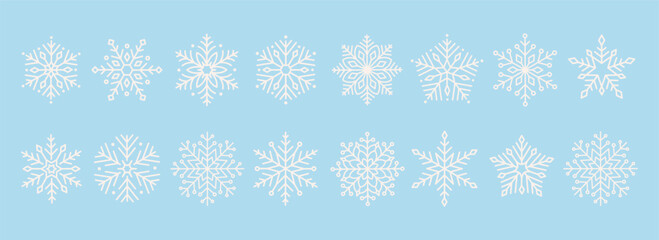 Cute minimalistic snowflakes collection. Festive winter holiday decorations for Christmas and New Year. Flat vector illustration