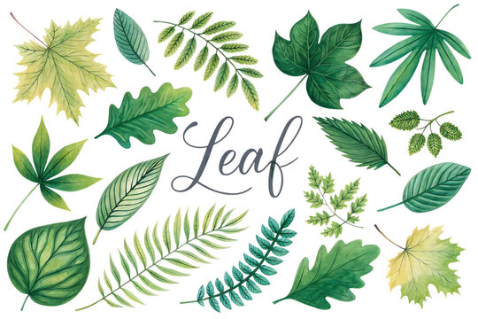 Collection of various green watercolor leaves and foliage with delicate veins and textures isolated on transparent background
