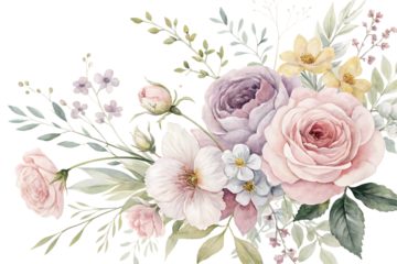 Delicate watercolor floral arrangement of soft pink and lavender roses with greenery isolated on transparent background