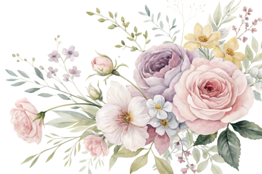 Delicate watercolor floral arrangement of soft pink and lavender roses with greenery isolated on transparent background - Powered by Adobe