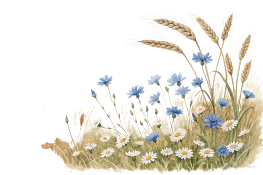 Delicate wildflowers and golden wheat stalks gracefully arranged in a charming floral composition isolated on transparent background