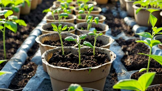 Young seedlings growing in small biodegradable pots arranged in rows inside greenhouse
