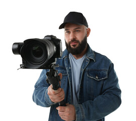 Videographer using gimbal stabilizer with camera on white background