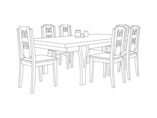 Line art illustration dining table and chairs, perfect for furniture catalogs, interior design projects,
home decor guides, architectural visuals, posters, and vector design use.