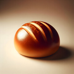 A single artisan bread roll with a glossy top, subtle golden crust, placed on a soft beige background. Minimalistic, clean food styling, realistic texture, warm editorial lighting