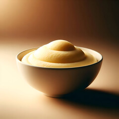 A single bowl with smooth creamy polenta, perfectly even surface, warm neutral background, soft diffused lighting, minimalist commercial presentation. Illustration