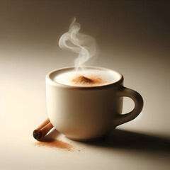  single ceramic cup filled with warm spiced milk, light steam rising softly, subtle cinnamon dust on the surface, placed on a matte beige background. Clean commercial style, soft diffused lighting, mi