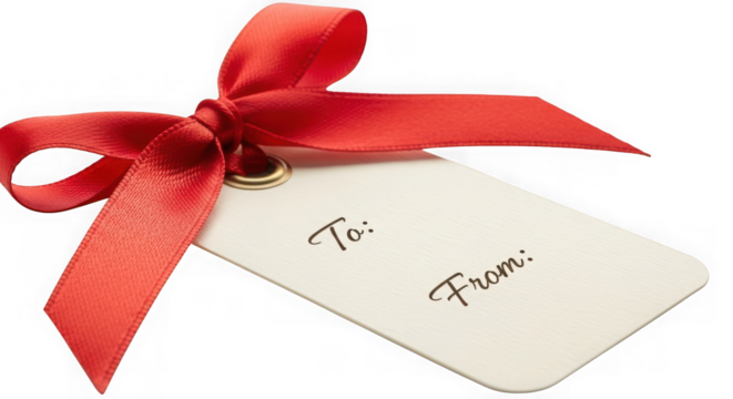 Gift tag with red ribbon for christmas present
