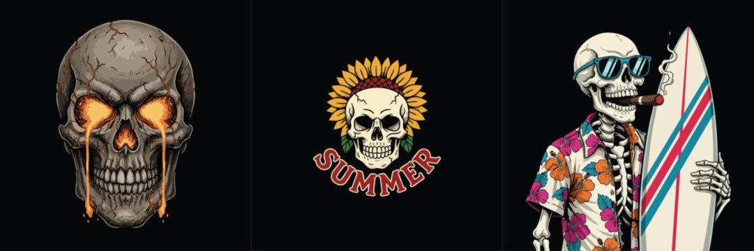 Creative skull illustrations for t-shirts and graphic designs