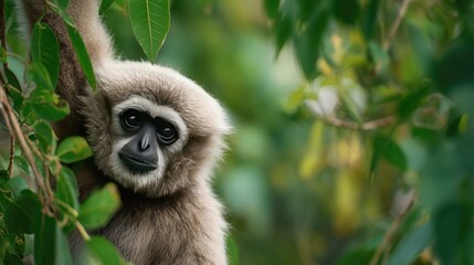 Fototapeta premium Curiosity and growth in business development shown by a baby gibbon peeking through lush green leaves