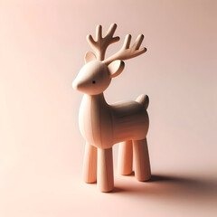 Small wooden reindeer figurine with smooth finish, isolated on a soft pastel background, nordic and modern holiday style