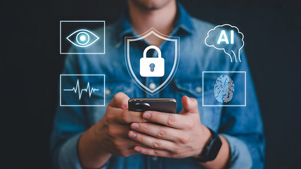 Man uses phone for secure transaction with data protection and biometric identification