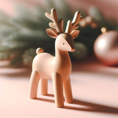 Small wooden reindeer figurine with smooth finish, isolated on a soft pastel background, nordic and modern holiday style