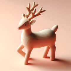 Small wooden reindeer figurine with smooth finish, isolated on a soft pastel background, nordic and modern holiday style