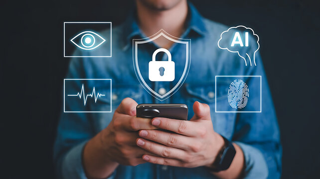 Man uses phone for secure transaction with data protection and biometric identification
